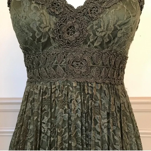 Sue Wong Olive Green Floral Crochet Lace Midi Dress Pleated 2 Formal - Picture 3 of 8